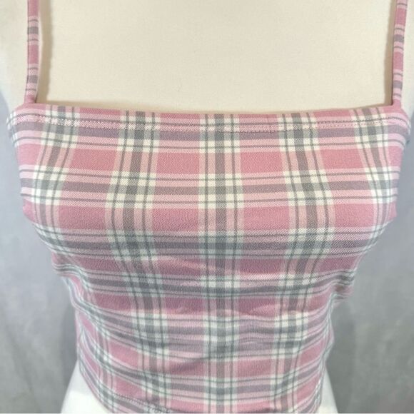 Hollister square neck pink and gray plaid crop top size medium NWT - Picture 2 of 5